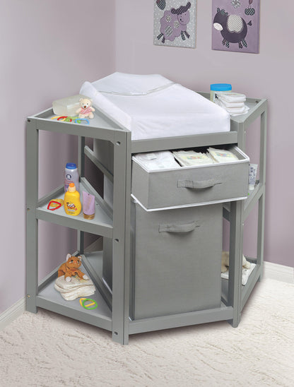 Badger Basket Diaper Corner Baby Changing Table – Space-Saving White Nursery Station with Hamper, Basket & Changing Pad