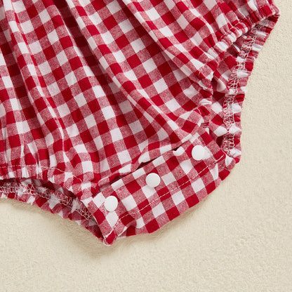 Infant Baby Girls Romper Ruffle Sleeve Pleated Smocked Bubble Plaid One Piece Ruched Jumpsuit Summer Bodysuit