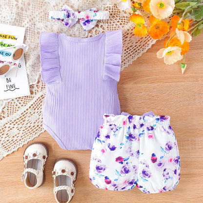 Newborn Baby Girl Clothes Outfits Ruffle Romper and Short Pant Sets with Headband Infant Bodysuits