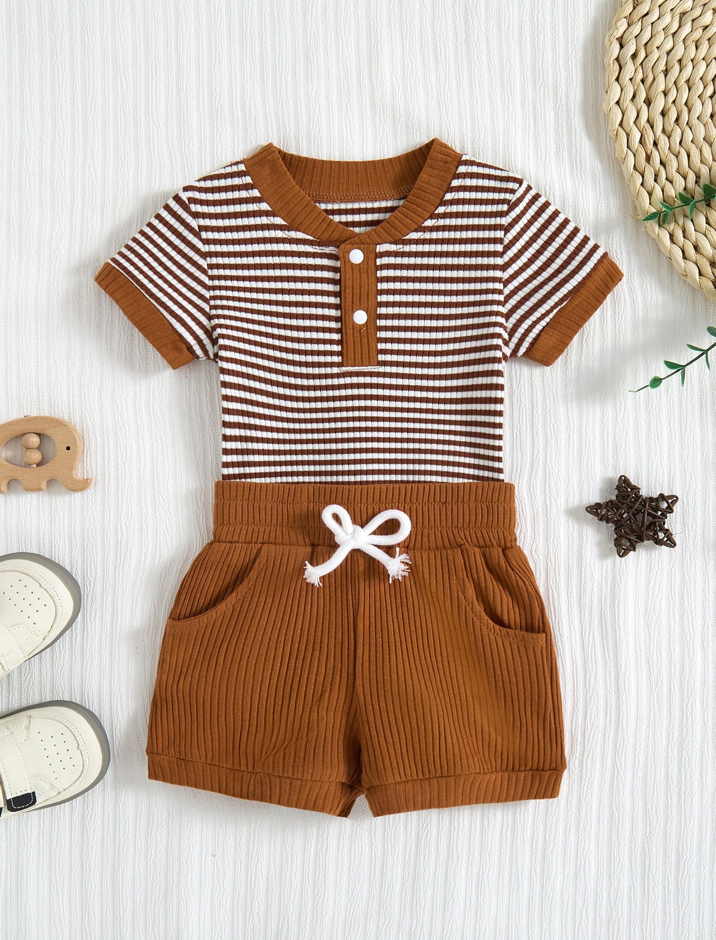 Baby Boy Outfits Ribbed Short Sleeve Striped Romper Top Solid Shorts with Pocket Baby Boy Summer Clothes 0-18M
