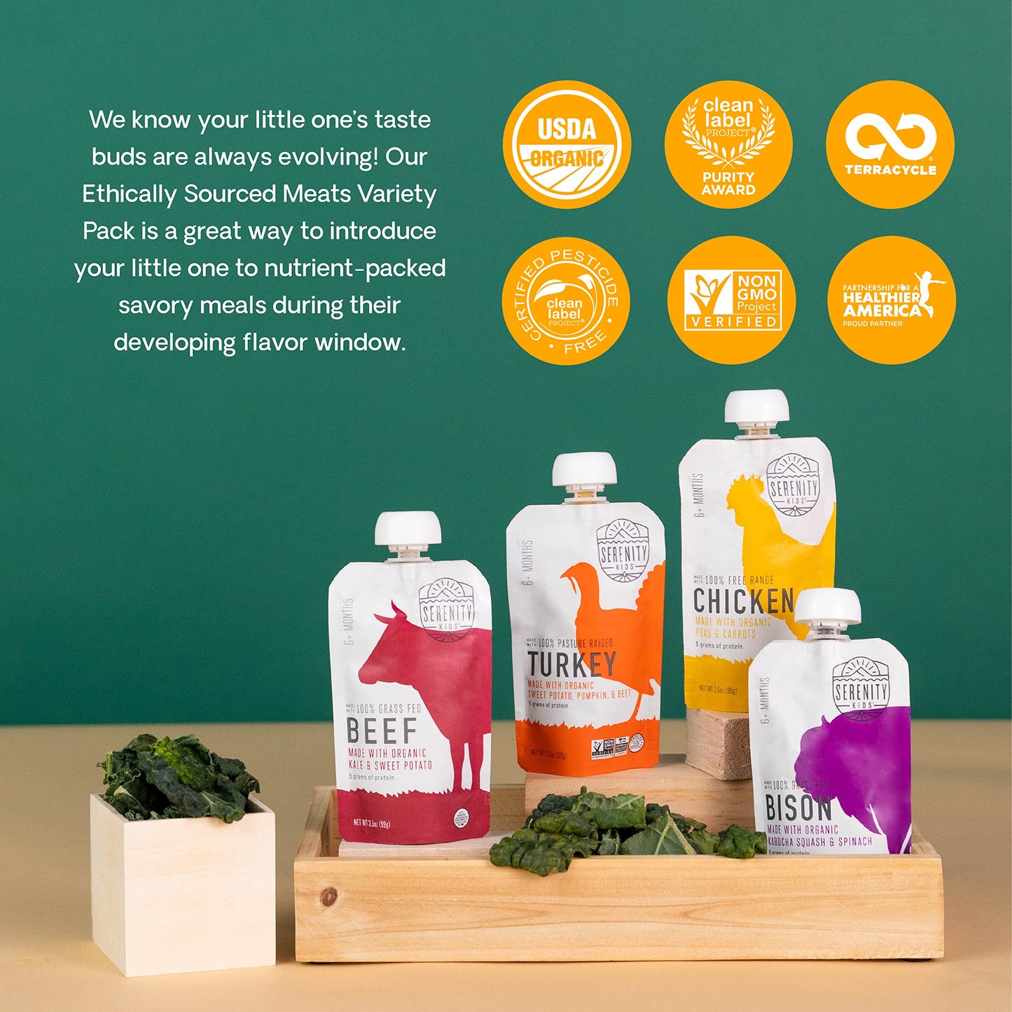 Serenity Kids 6+ Months Baby Food Pouches - Puree with Ethically Sourced Meat & Organic Veggies - 3.5 Ounce BPA-Free Pouch - Variety Pack, 8 Count - Baby Food Meat