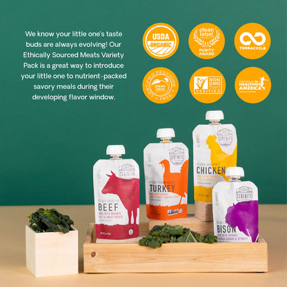 Serenity Kids 6+ Months Baby Food Pouches - Puree with Ethically Sourced Meat & Organic Veggies - 3.5 Ounce BPA-Free Pouch - Variety Pack, 8 Count - Baby Food Meat