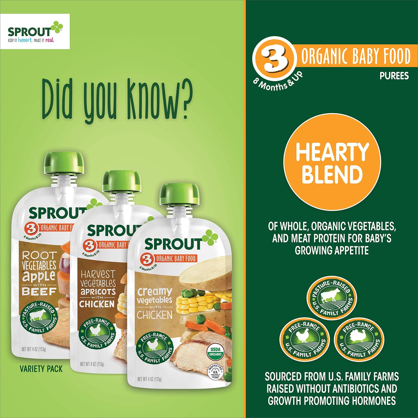 Sprout Organics Baby Food, Root Veg & Beef, Creamy Veg & Chicken, Plant-Based Chickpea Protein Pack, 8+ Months, 4 Oz Purees (Pack of 18)