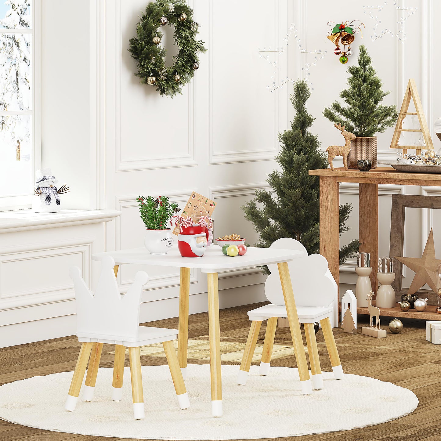 UTEX Kids Wood Table and Chair Set, Kids Play Table with 2 Chairs,3 Pieces Kids Round Table for Toddlers, Girls, Boys,White