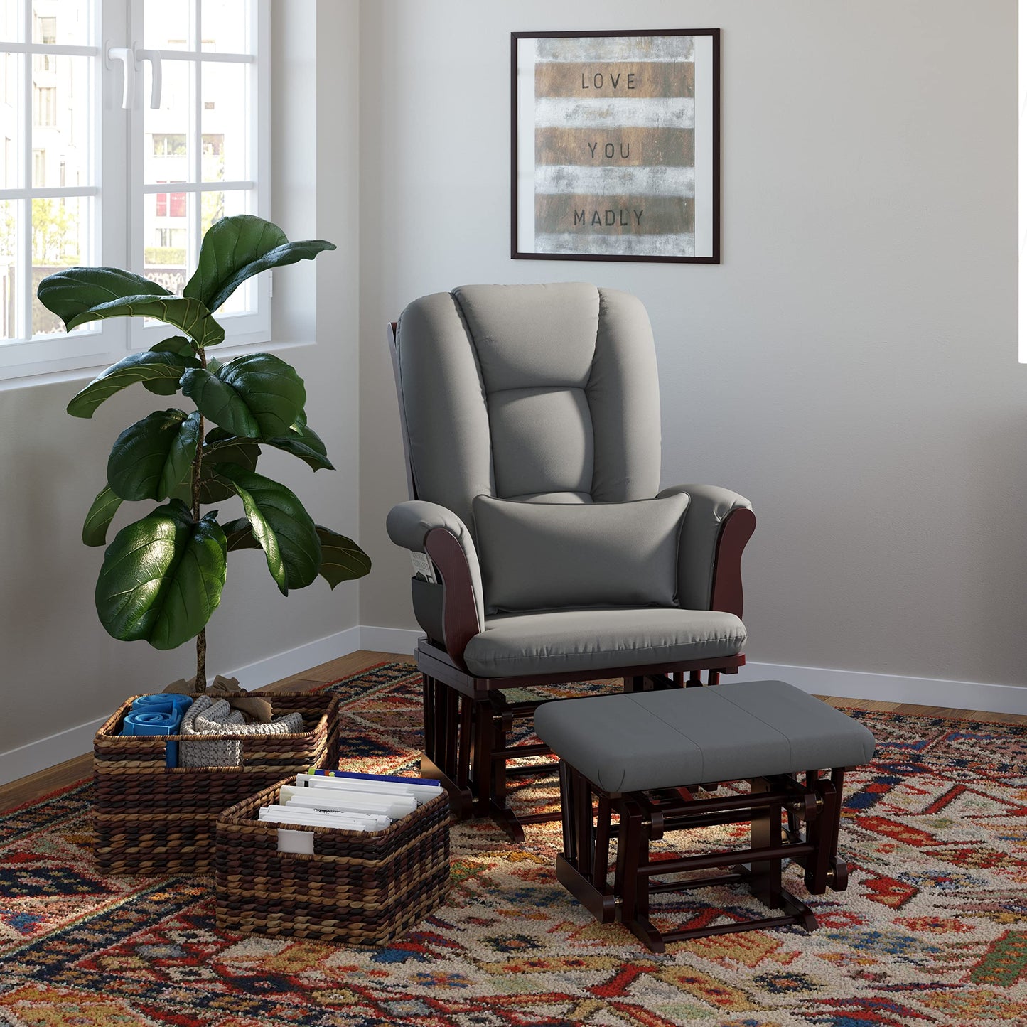 Storkcraft Tuscany Custom Glider and Ottoman with Free Lumbar Pillow (White/Slate Gray Swirl) - Cleanable Upholstered Comfort Rocking Nursery Chair with Ottoman