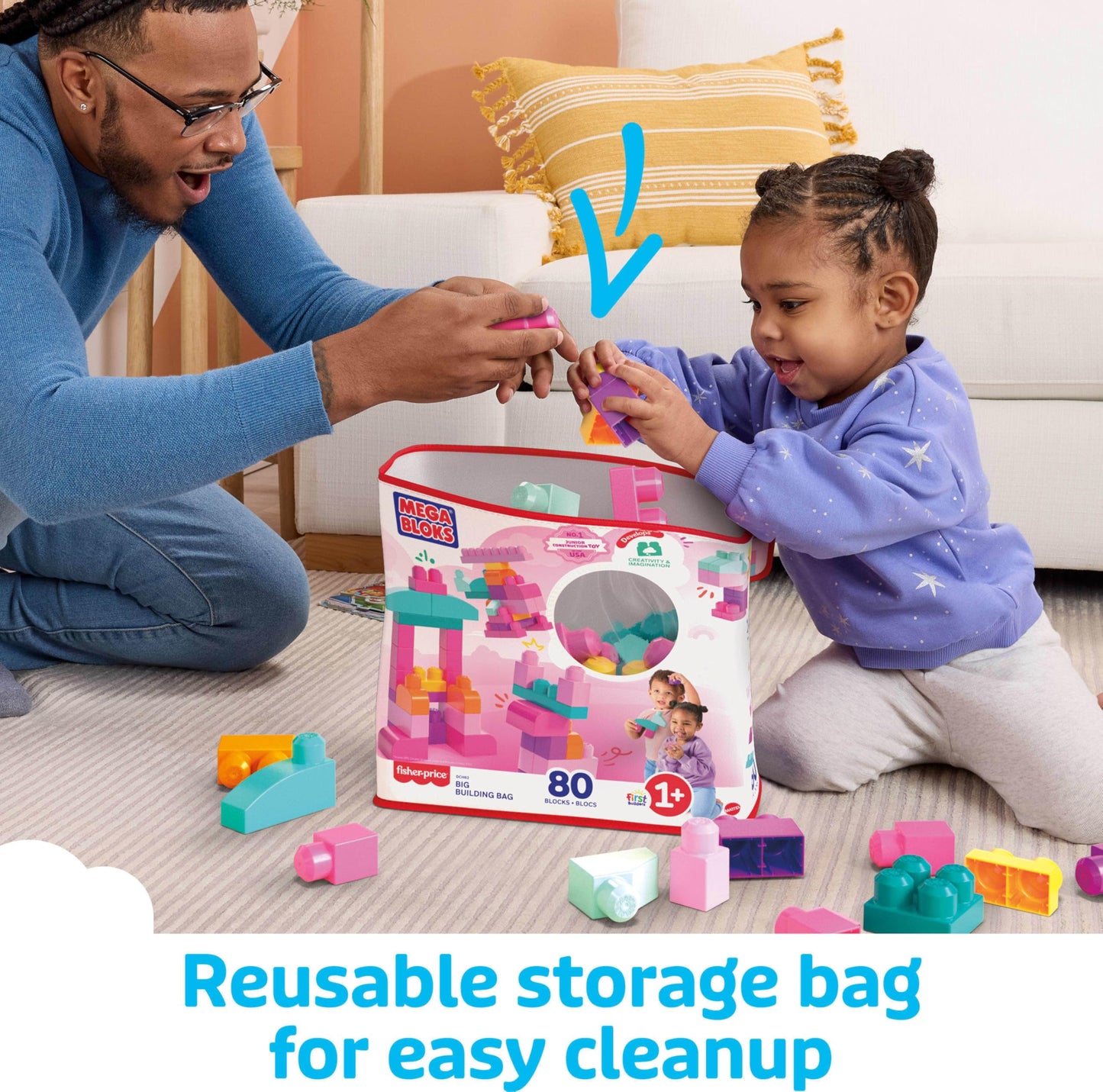 MEGA BLOKS First Builders Toddler Blocks Toys Set, Big Building Bag with 80 Pieces and Storage, Blue, Ages 1+ Years