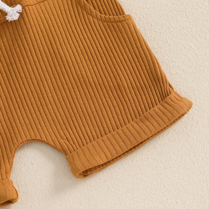 fhutpw Baby Boy Clothes Short Sleeve Romper & Shorts Sets Newborn 3 6 12 Months Summer Knitted Ribbed Splicing Color Outfits