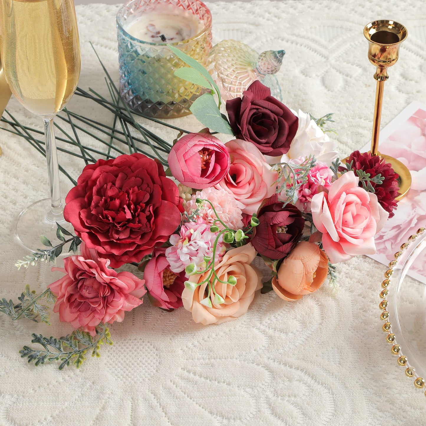 Artificial Flowers Combo, Fake Flowers for DIY Tables Centerpieces Baby Shower Bridal Shower Wedding Bouquet Arrangements Party Candle Holder Cake Decor Flower Home Decorations
