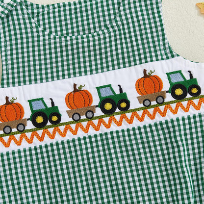 Baby Girl Pumpkin Embroidery Jumpsuit Halloween Sleeveless Round Neck Plaid Tank Romper