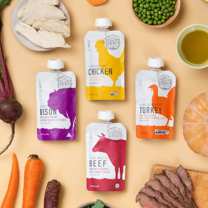 Serenity Kids 6+ Months Baby Food Pouches - Puree with Ethically Sourced Meat & Organic Veggies - 3.5 Ounce BPA-Free Pouch - Variety Pack, 8 Count - Baby Food Meat
