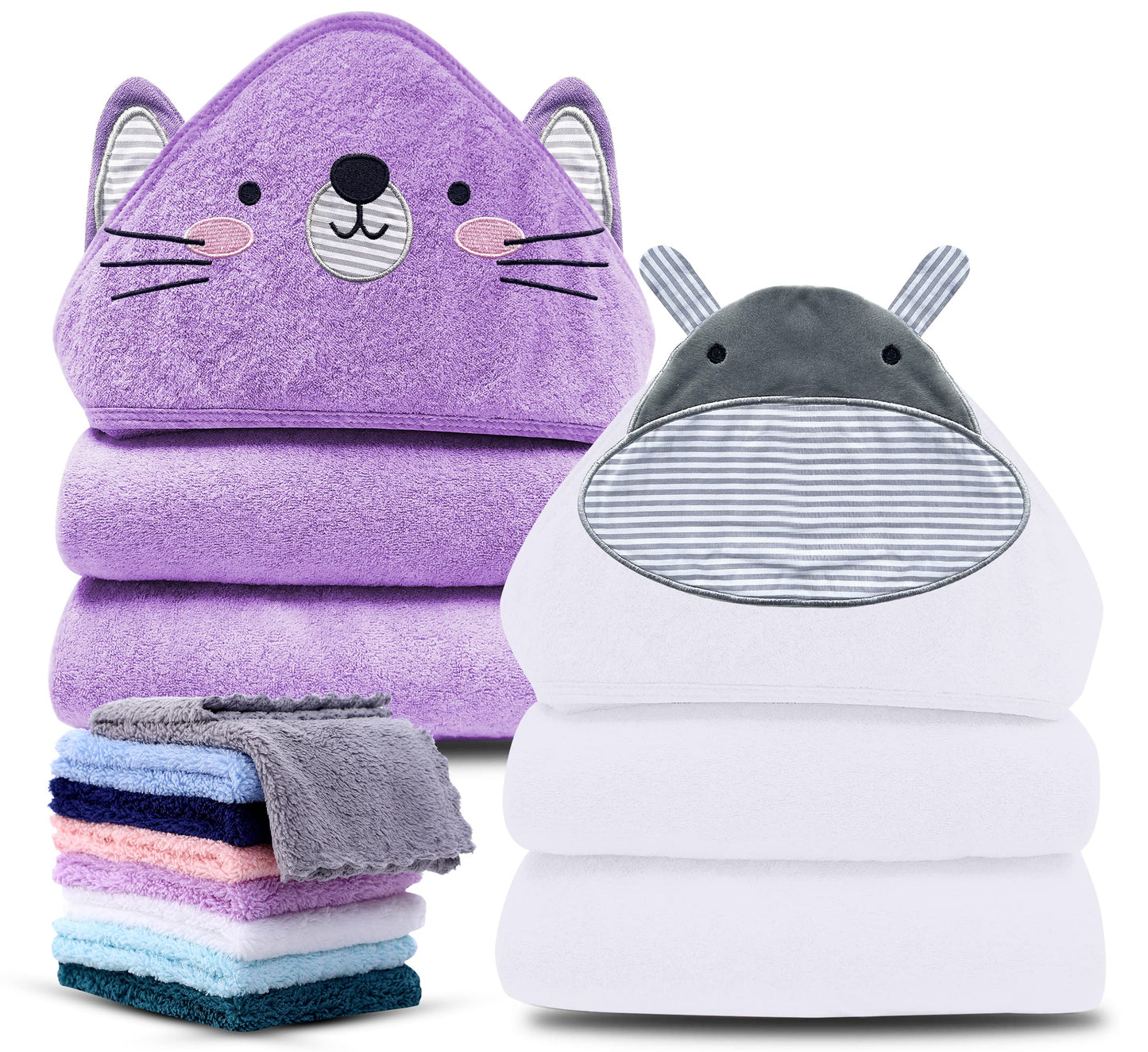 Cute Castle 2 Pack Hooded Baby Towel Rayon Made from Bamboo and 8 Washcloths - Lovely Elephant, Happy Bird