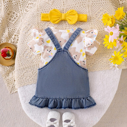 Baby Girl Clothes Suspender Skirt Newborn Ruffle Romper Cute Bear Jeans Dress Bow Headband Summer Outfits 0-18 Months