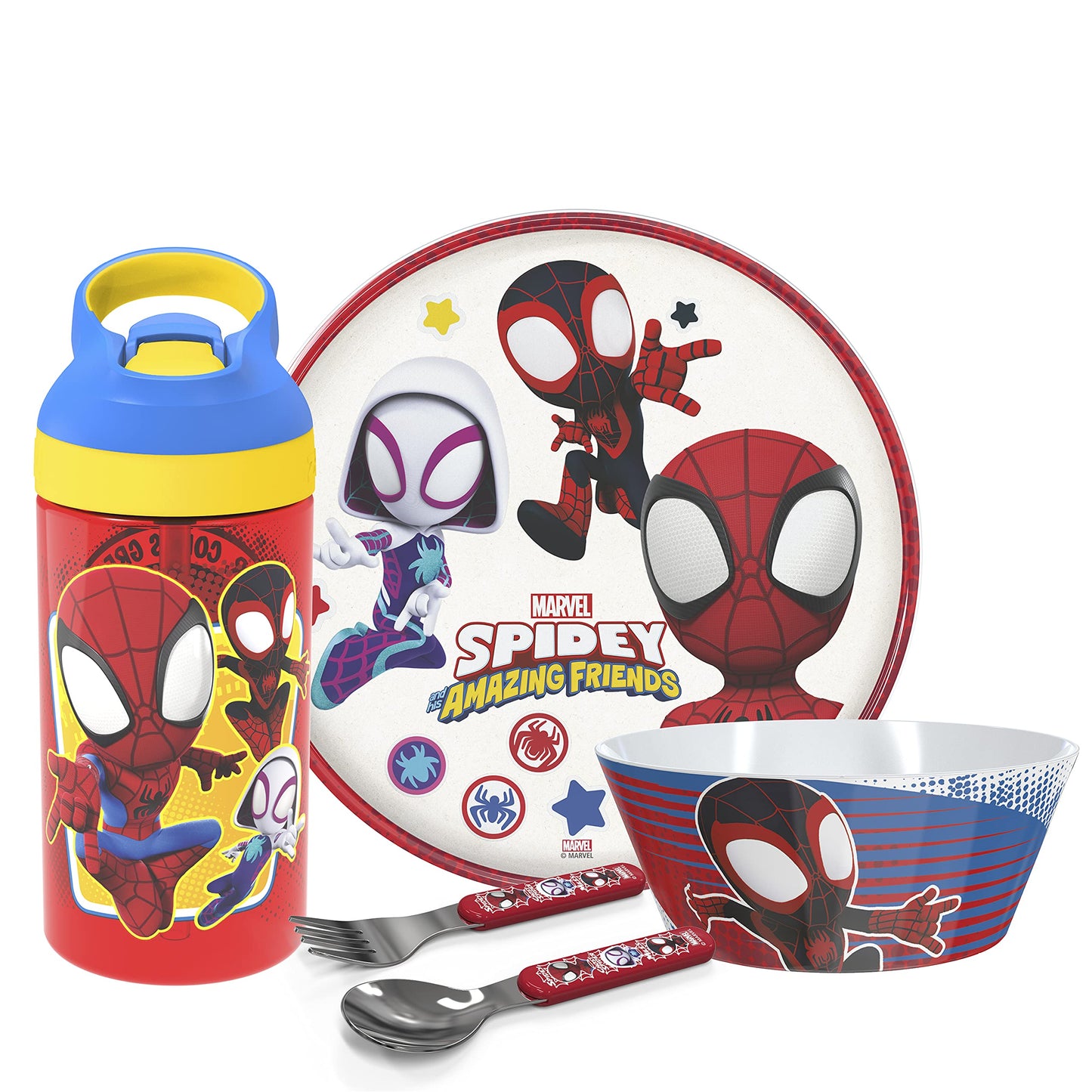 Zak Designs 5-Piece Dinnerware Set, Baby Shark - Durable Plastic & Stainless Steel - Includes Water Bottle, 8-Inch Plate, 6-Inch Bowl, Fork & Spoon - Suitable for Kids Ages 3+