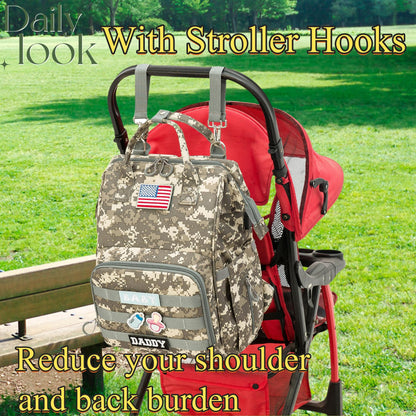 Diaper Bag Backpack for Dad and Mom with USB Charging Port Stroller Straps and Insulated Pocket,army military Travel Nappy Backpack for Daddy/Mommy (Black)
