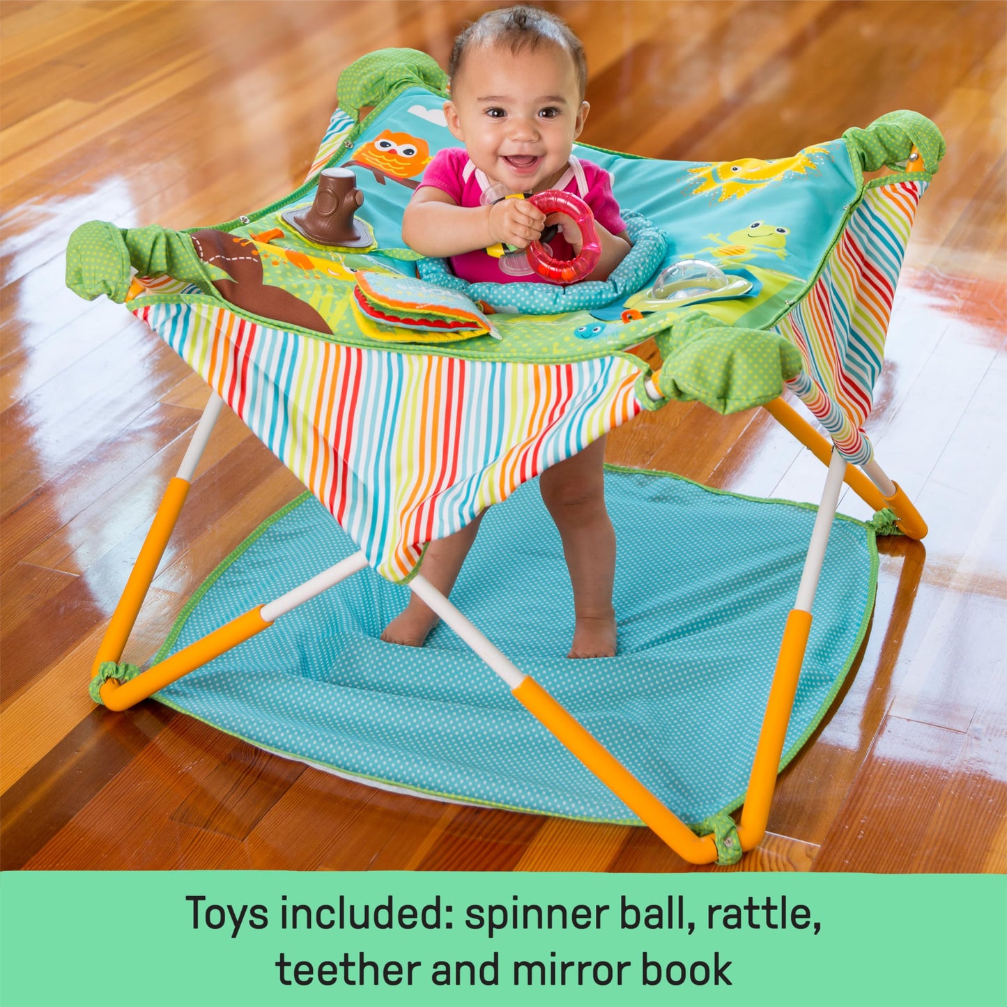 Bright Starts Pop 'N Jump Portable Activity Jumper, Indoor/Outdoor Use, Owl Forest with 4 Sensory Toys, Ages 6-12 Months
