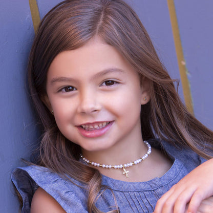 Cherished Moments Children's 14K Gold-plated Bracelet and/or Necklace with High-End Simulated Pearls and Cross Charm for Baptism, Christening or First Communion Gift for Girls
