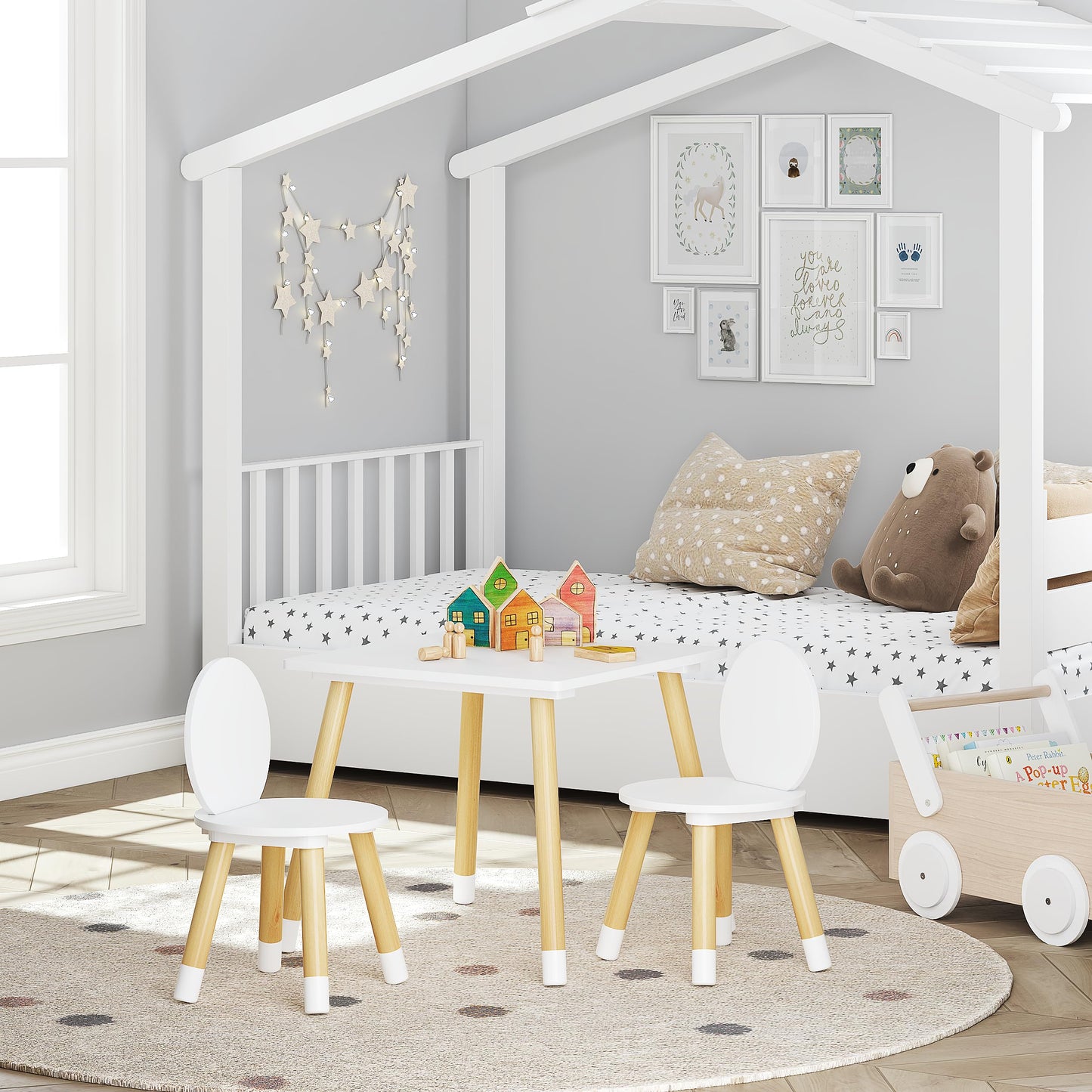 UTEX Kids Wood Table and Chair Set, Kids Play Table with 2 Chairs,3 Pieces Kids Round Table for Toddlers, Girls, Boys,White