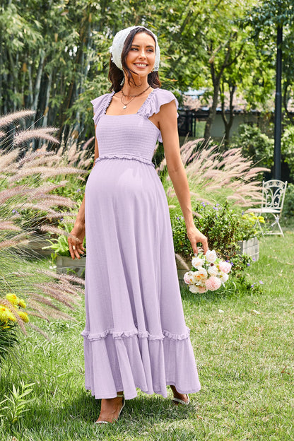 OUGES Womens 2025 Summer Maternity Photoshoot Dress Boho Maxi Smocked Baby Shower Dress Ruffle Sleeve Maternity Clothes