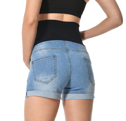 V VOCNI Maternity Denim Shorts Women's Summer High Waist Distressed Cuffed Hem Casual Denim Jeans Short