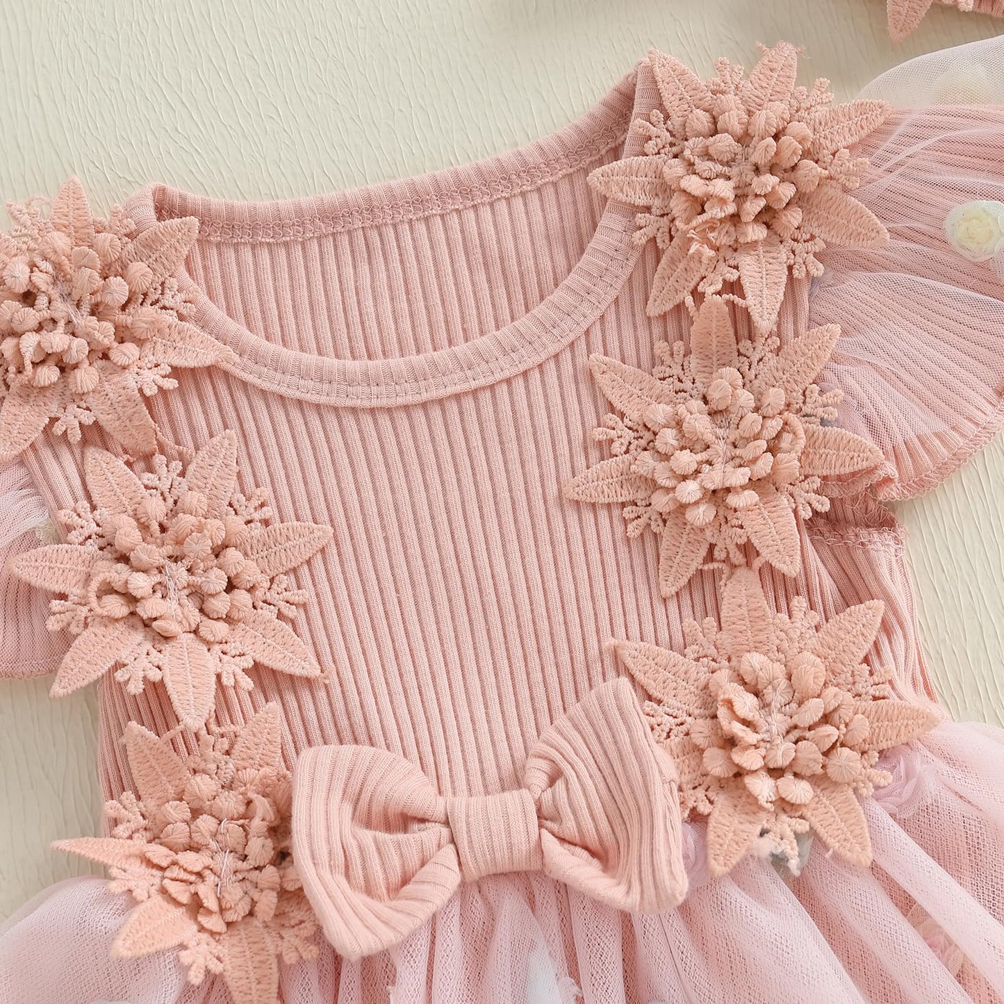 Hnyenmcko Newborn Baby Girl Summer Romper Dress Infant Fly Sleeve Flower Embroidery Mesh Tulle Skirt Hem Ribbed Bodysuit