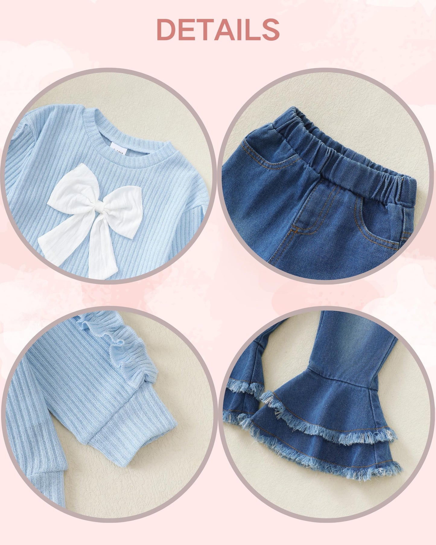 Renotemy Toddler Baby Girl Clothes Fall Winter Outfit, Bow Sweatshirt Denim Bell Bottom Jeans Outfits for 1-5 Year Girls
