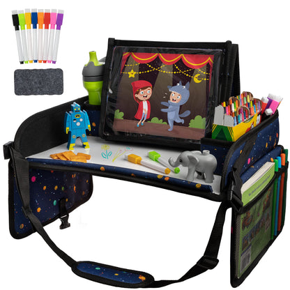 Lusso Gear Kids Travel Tray 2-Pack for Car Seats - Car Seat Tray with Tablet Stand, Mesh Pockets and Cup Holder - Road Trip Essentials Organizer and Activity Desk (Black)