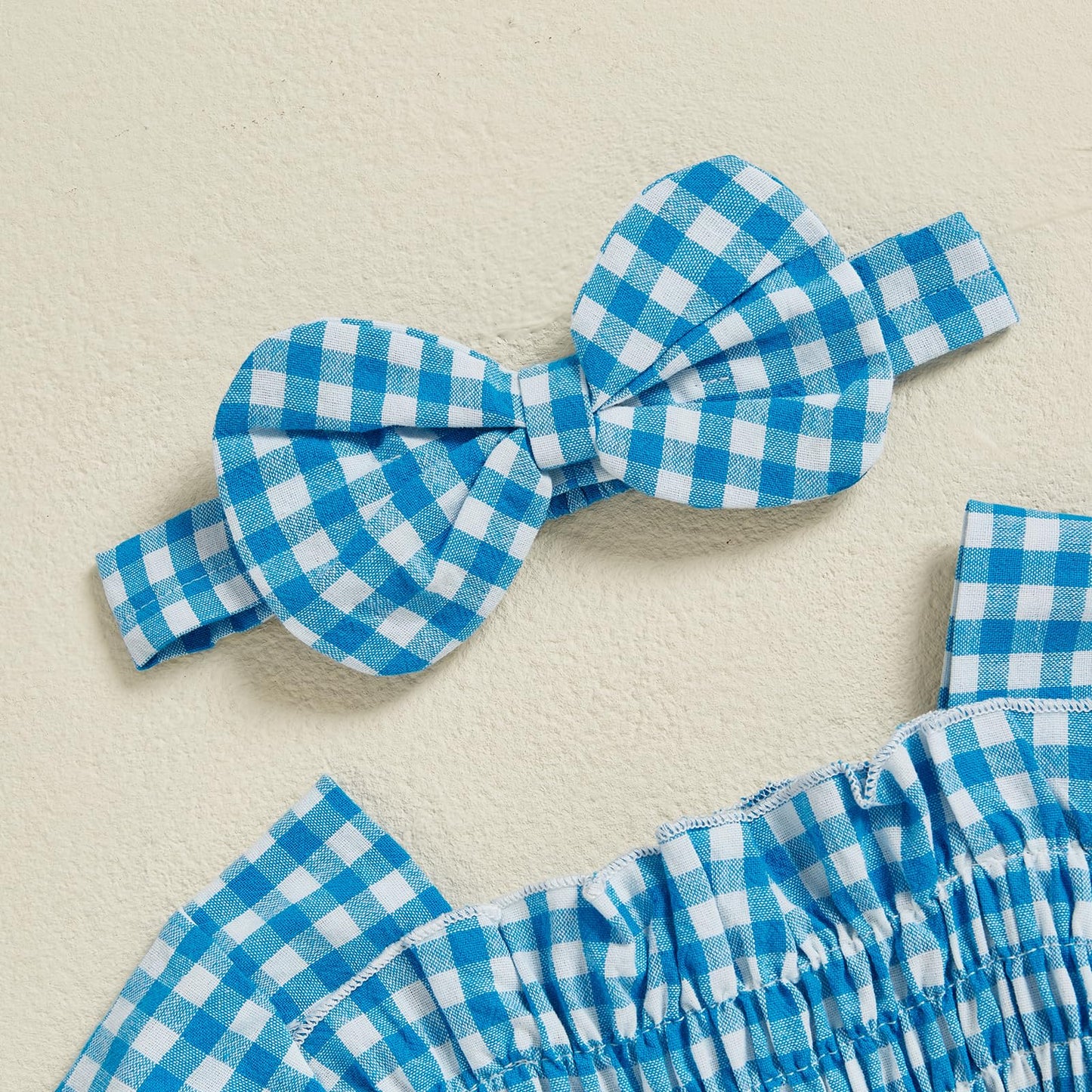 Infant Baby Girls Romper Ruffle Sleeve Pleated Smocked Bubble Plaid One Piece Ruched Jumpsuit Summer Bodysuit