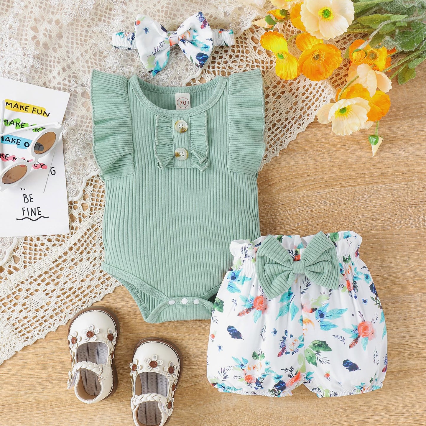 Newborn Baby Girl Clothes Outfits Ruffle Romper and Short Pant Sets with Headband Infant Bodysuits