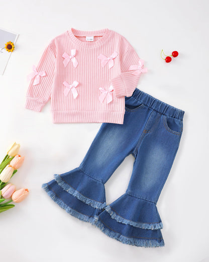 Renotemy Toddler Baby Girl Clothes Fall Winter Outfit, Bow Sweatshirt Denim Bell Bottom Jeans Outfits for 1-5 Year Girls