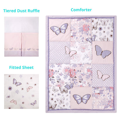 La Premura 3-Piece Purple Butterfly Baby Crib Bedding Set for Girls, Lilac Standard Size Crib Set for Baby Girl, Comforter, Fitted Sheet, and Dust Ruffle Skirt, Baby Nursery Floral Design for Girls