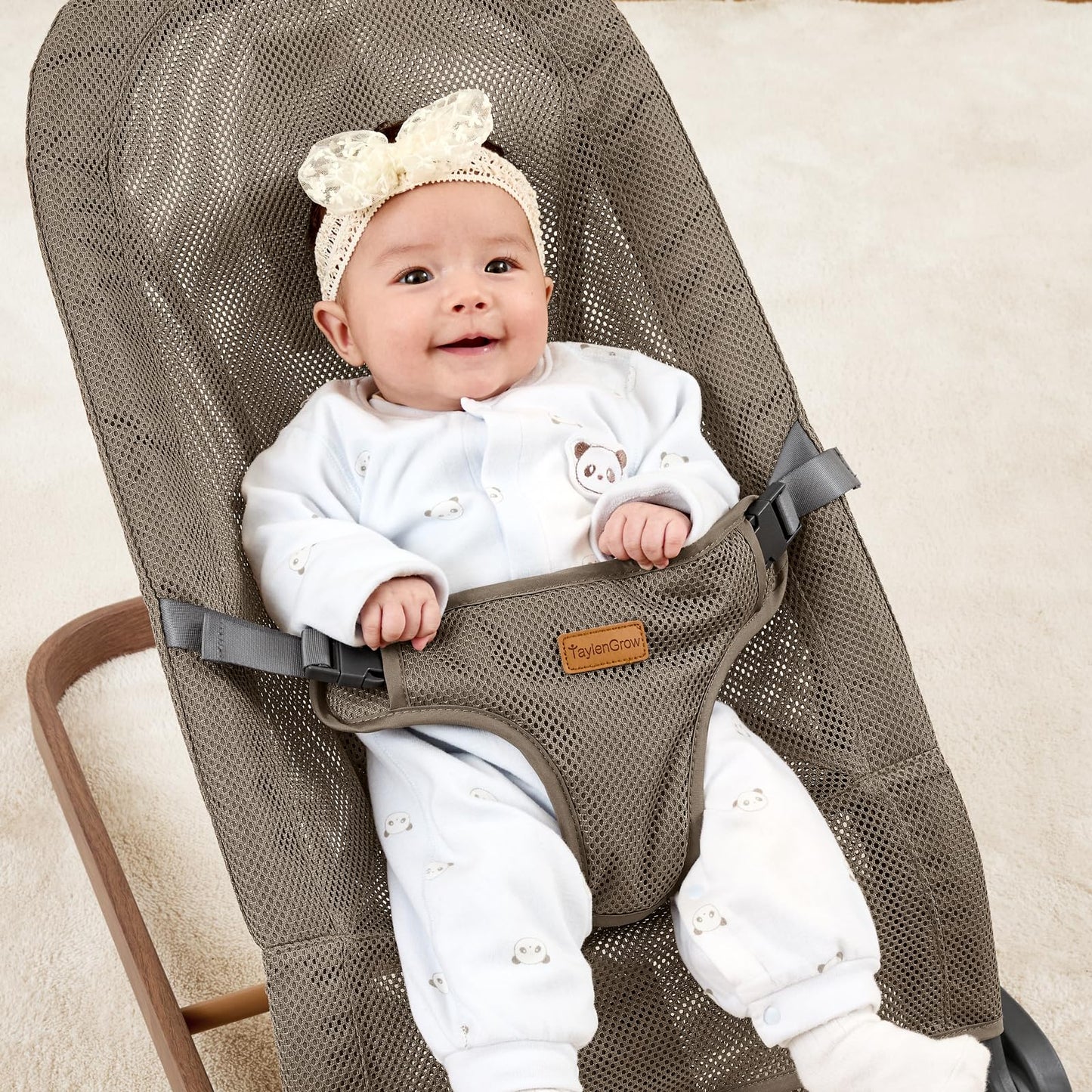 Foldable Baby Bouncer, Baby Seat with 3 Adjustable Heights, Portable Newborn Rocker, Ergonomic Bouncy Seat for Natural Bounce, Bouncer for Babies 0-6 Months, Soft Cotton (Beige)