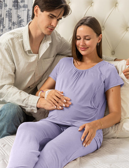 SUNNYBUY Womens Maternity Nursing Pajamas Set, Short Sleeve Breastfeeding Shirts，Pregnancy Shorts & Pants 3 Piece Nursing PJS