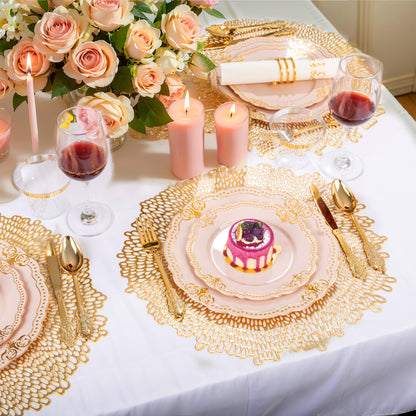 Ciaell 175 PCS White and Gold Plastic Plates - Fancy Gold Disposable Dinnerware Set with of 25 Dinner Plates, 25 Salad Plates, 25 Knives, 25 Forks, 25 Spoons, 25 Cups, 25 Napkins for Weddings Party