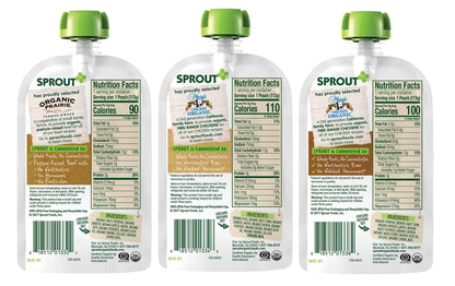 Sprout Organics Baby Food, Root Veg & Beef, Creamy Veg & Chicken, Plant-Based Chickpea Protein Pack, 8+ Months, 4 Oz Purees (Pack of 18)