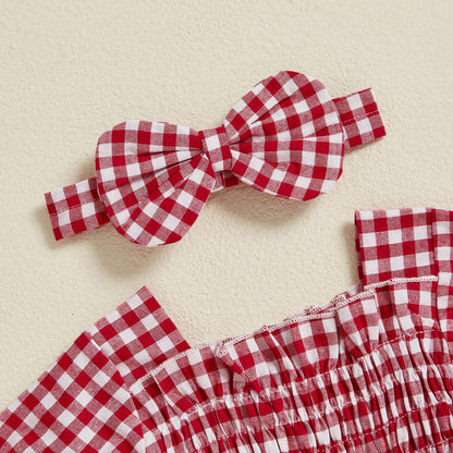 Infant Baby Girls Romper Ruffle Sleeve Pleated Smocked Bubble Plaid One Piece Ruched Jumpsuit Summer Bodysuit