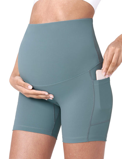 POSHDIVAH Women's Maternity Yoga Shorts Over The Belly Bump Summer Workout Running Active Short Pants with Pockets 5"/8"