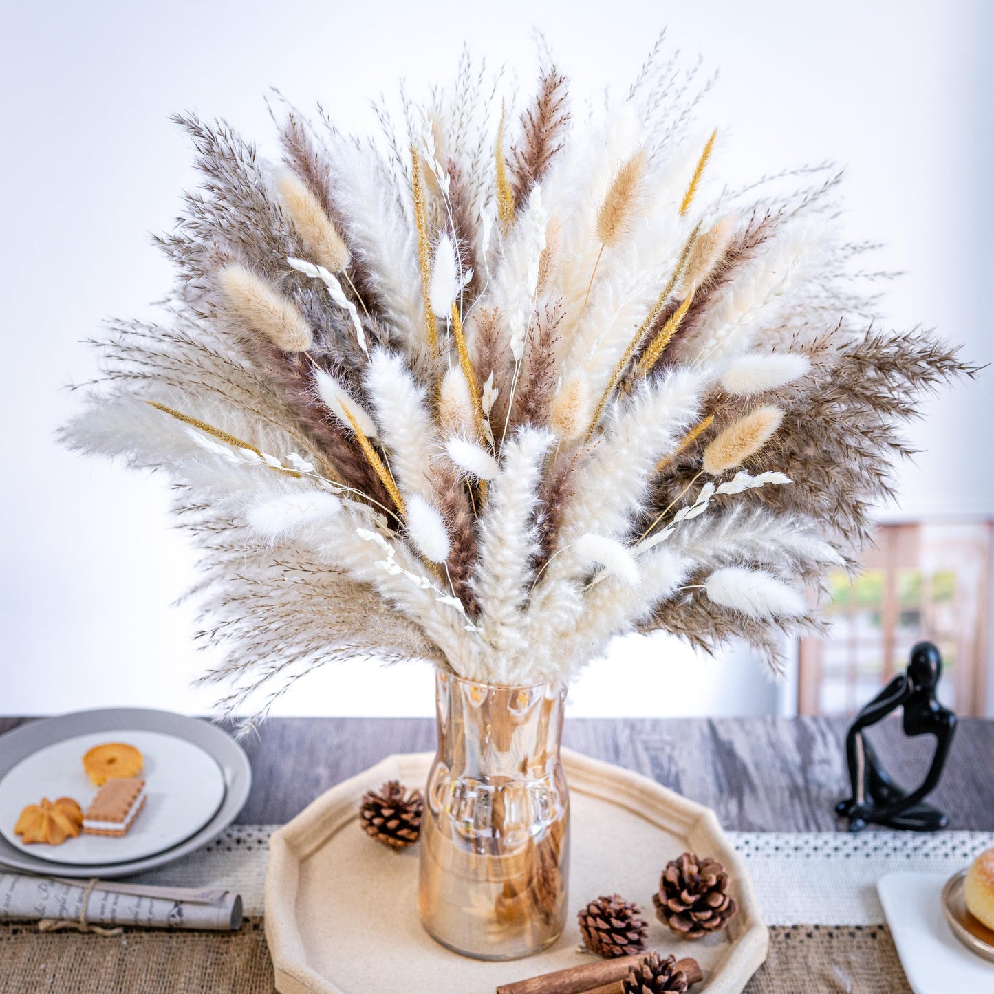 95 PCS Natural Pampas Grass Decor Bouquet | Boho Dried Floral Arrangement Centerpiece Table Decor Wedding Decor Rustic Decor, Natural, white, beige (Fdm-b-01)