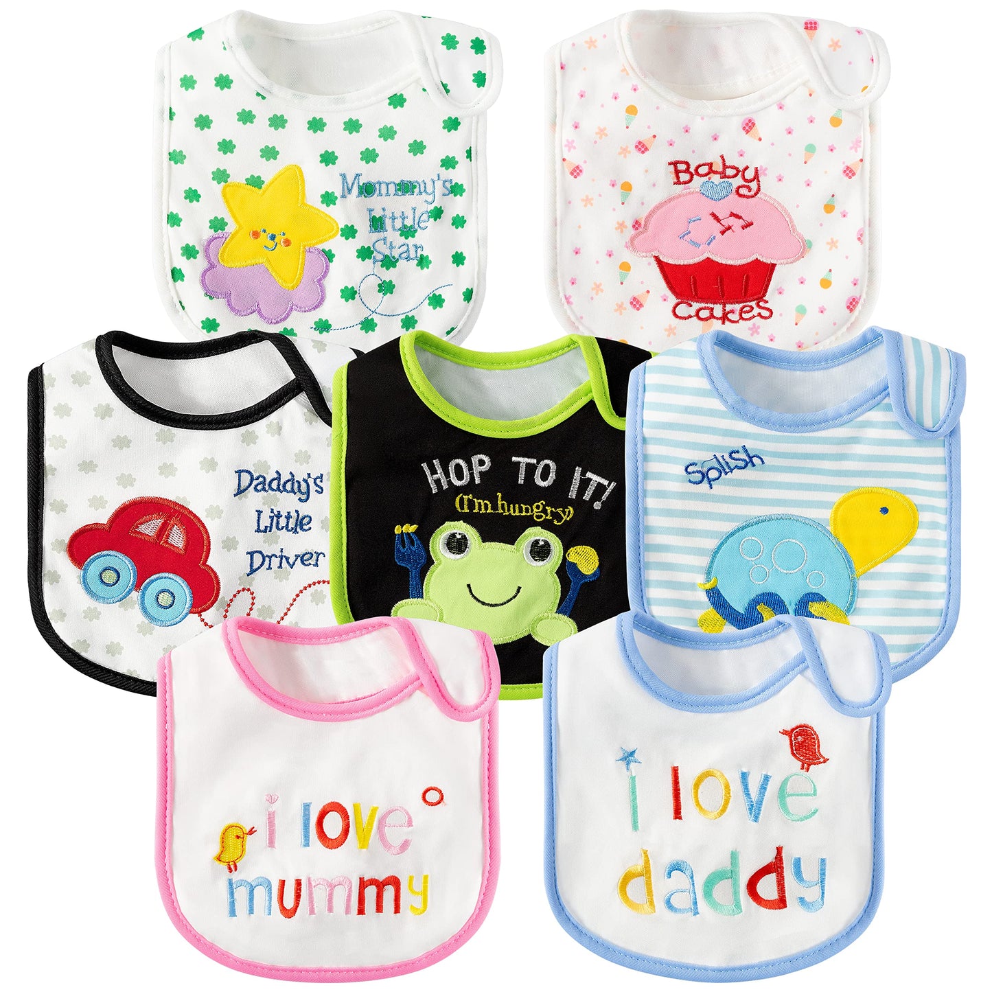 7Pcs Cotton Waterproof Baby Bibs Hook Loop Closure Newborn Bib Keepsake Baby Gift for Drooling Feeding Eating