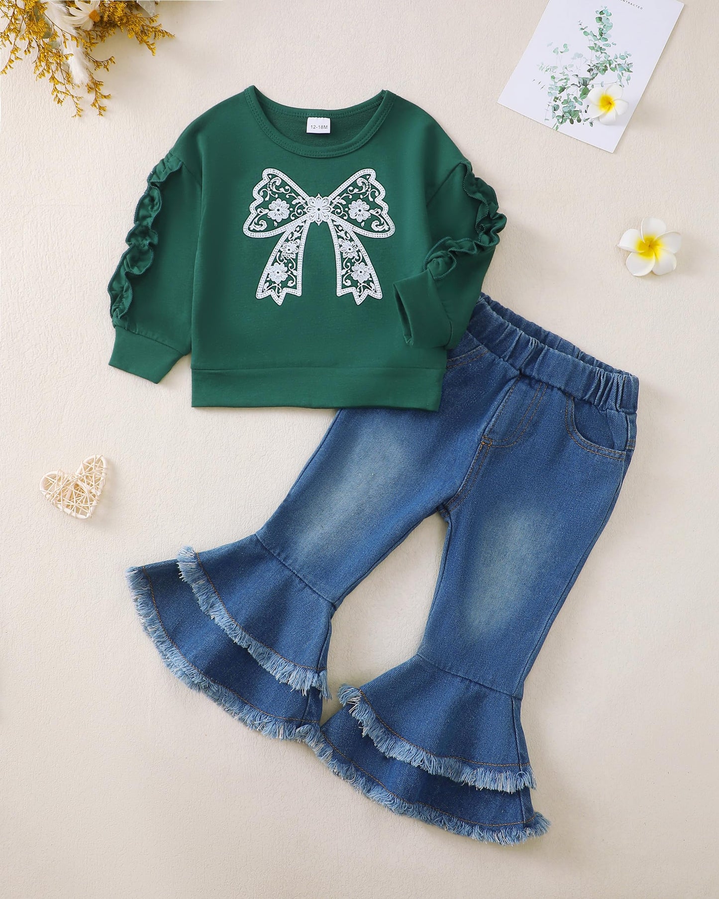 Renotemy Toddler Baby Girl Clothes Fall Winter Outfit, Bow Sweatshirt Denim Bell Bottom Jeans Outfits for 1-5 Year Girls