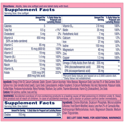 ONE A DAY Women’s Prenatal Advanced Complete Multivitamin with Brain Support* with Choline, Folic Acid, Omega-3 DHA & Iron for Pre, During & Post Pregnancy, 60+60 Ct (120 Total) (Packaging May Vary)