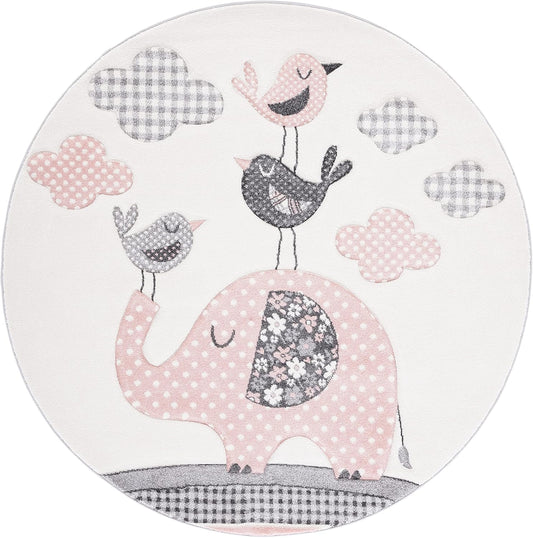 SAFAVIEH Carousel Kids Collection Area Rug - 4' Round, Pink & Ivory, Animal Design, Non-Shedding & Easy Care, Ideal for High Traffic Areas for Boys & Girls in Playroom, Nursery, Bedroom (CRK127P)