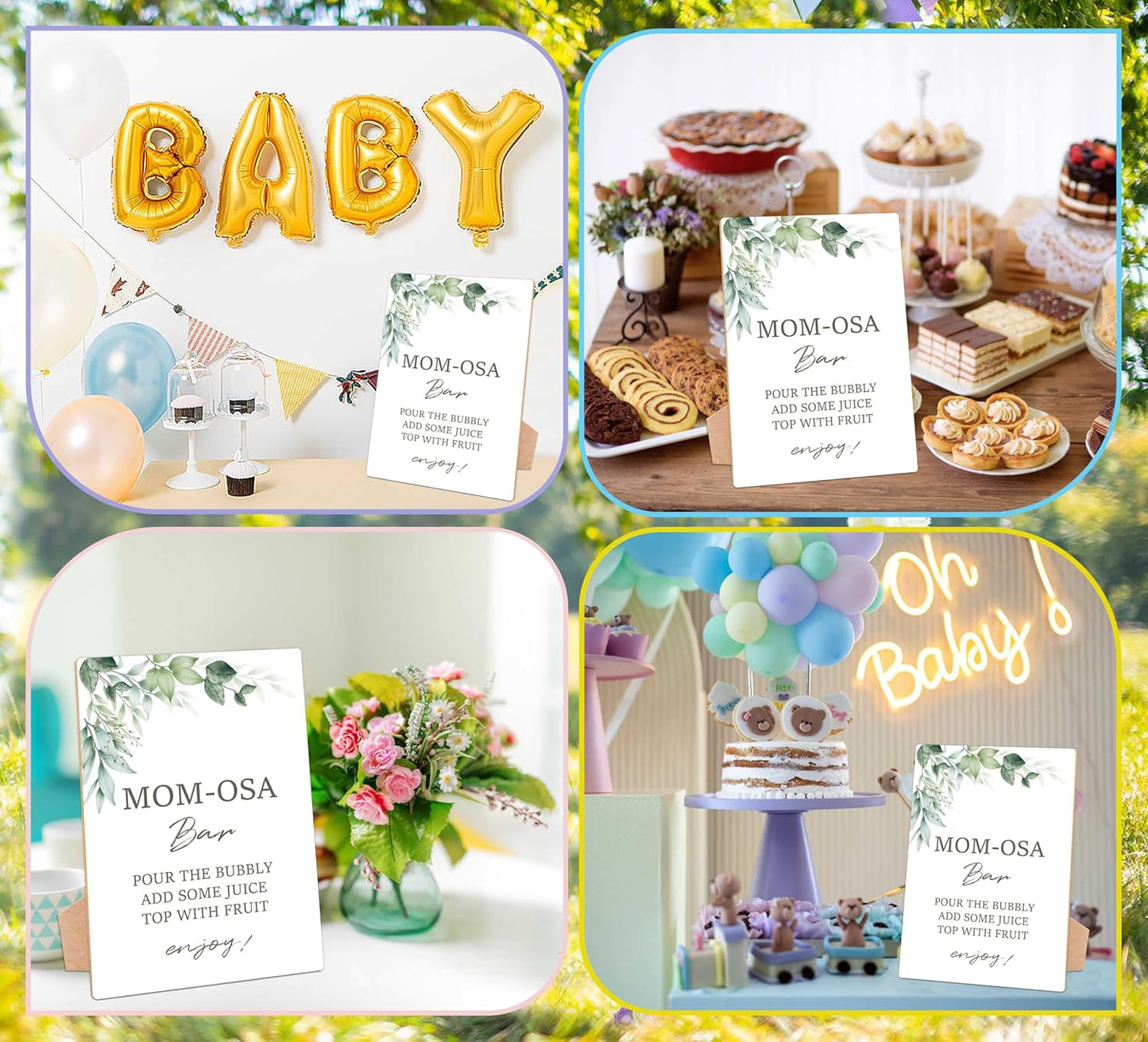 Greenery Baby Shower Table Sign, Mom-osa Bar Sign, Pack of 1 Wooden Tabletop Sign with Stand, Green Baby Shower Supplies, Gender Reveal Party Decorations - RG21