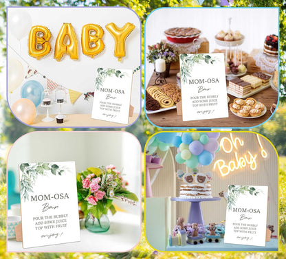 Greenery Baby Shower Table Sign, Mom-osa Bar Sign, Pack of 1 Wooden Tabletop Sign with Stand, Green Baby Shower Supplies, Gender Reveal Party Decorations - RG21