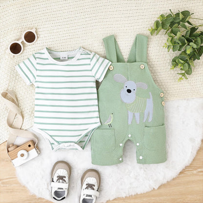 Baby Boy Clothes Infant Summer Outfits Short Sleeve Striped Romper Cute Cartoon Dog Overall Pants Set 2pcs 0-18 Months