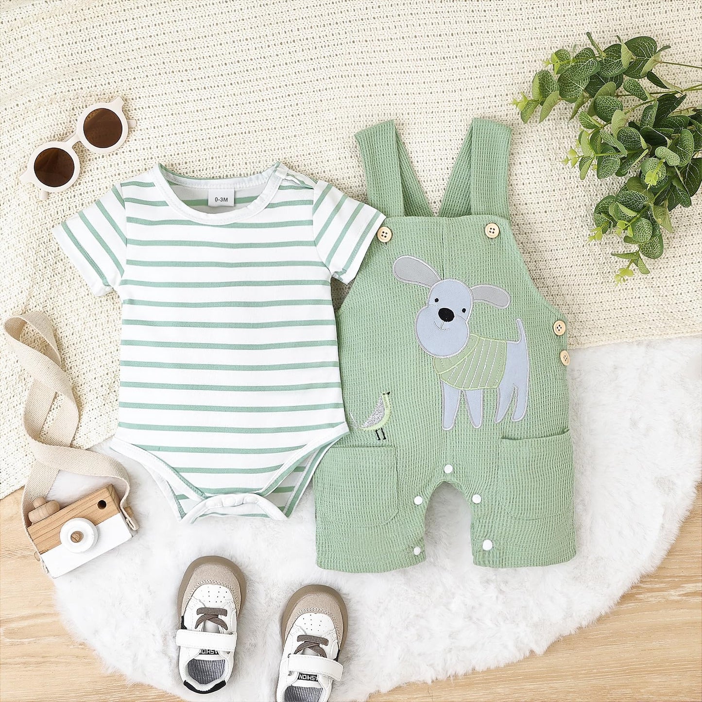 Baby Boy Clothes Infant Summer Outfits Short Sleeve Striped Romper Cute Cartoon Dog Overall Pants Set 2pcs 0-18 Months