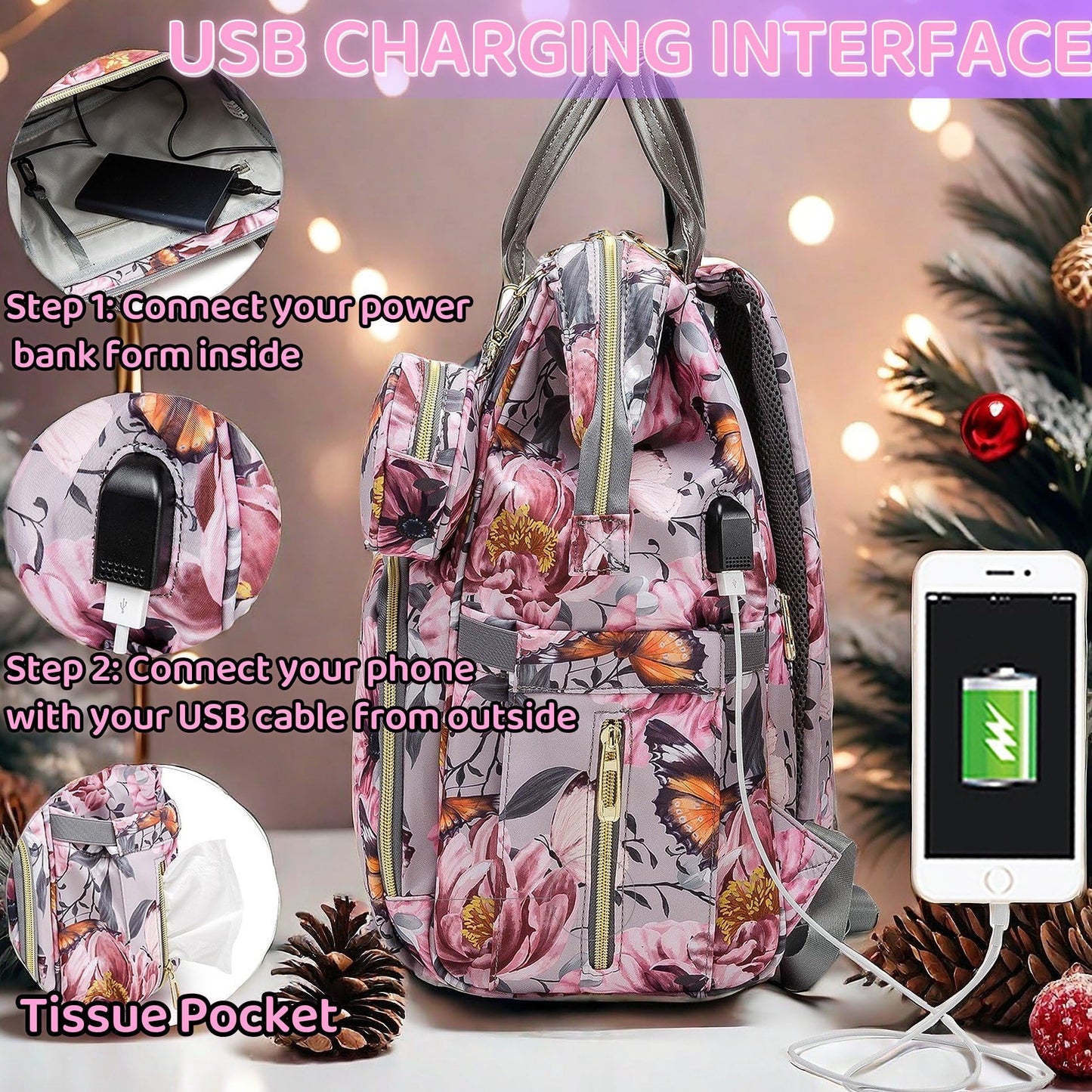 Diaper Bag Backpack for Dad and Mom with USB Charging Port Stroller Straps and Insulated Pocket,army military Travel Nappy Backpack for Daddy/Mommy (Black)