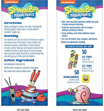 Spongebob Kids Bandages, 100 ct | Wear Like Stickers, Adhesive Bandages for Minor Cuts, Scrapes, Burns. Easter Basket Stuffers for Kids & Toddlers