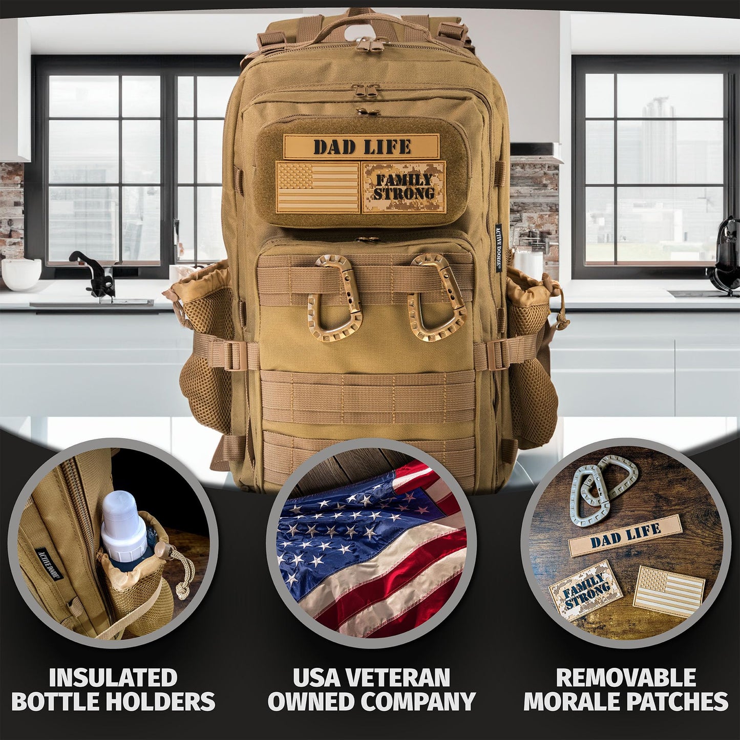 Dad Diaper Bag for Men with Removable Patches, Waterproof Tri-fold Changing Pad, Insulated Pouches, Molle Webbing, YKK Zippers, Black