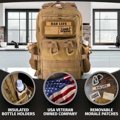 Dad Diaper Bag for Men with Removable Patches, Waterproof Tri-fold Changing Pad, Insulated Pouches, Molle Webbing, YKK Zippers, Black