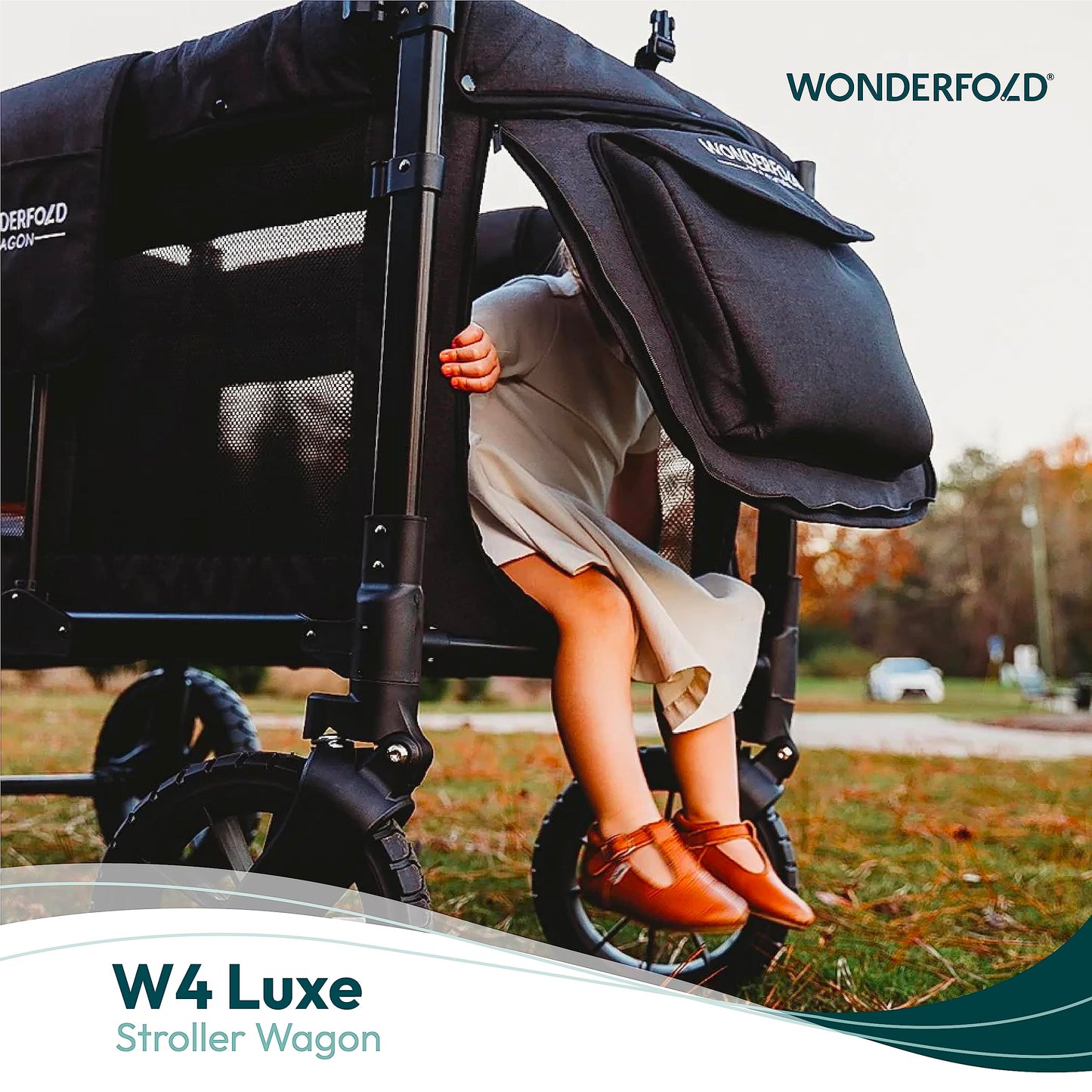 WONDERFOLD W4 Luxe Quad Stroller Wagon Featuring 4 High Face-to-Face Seats with Magnetic Buckle 5-Point Harnesses and Adjustable/Removable UV-Protection Canopy, Hunter Green